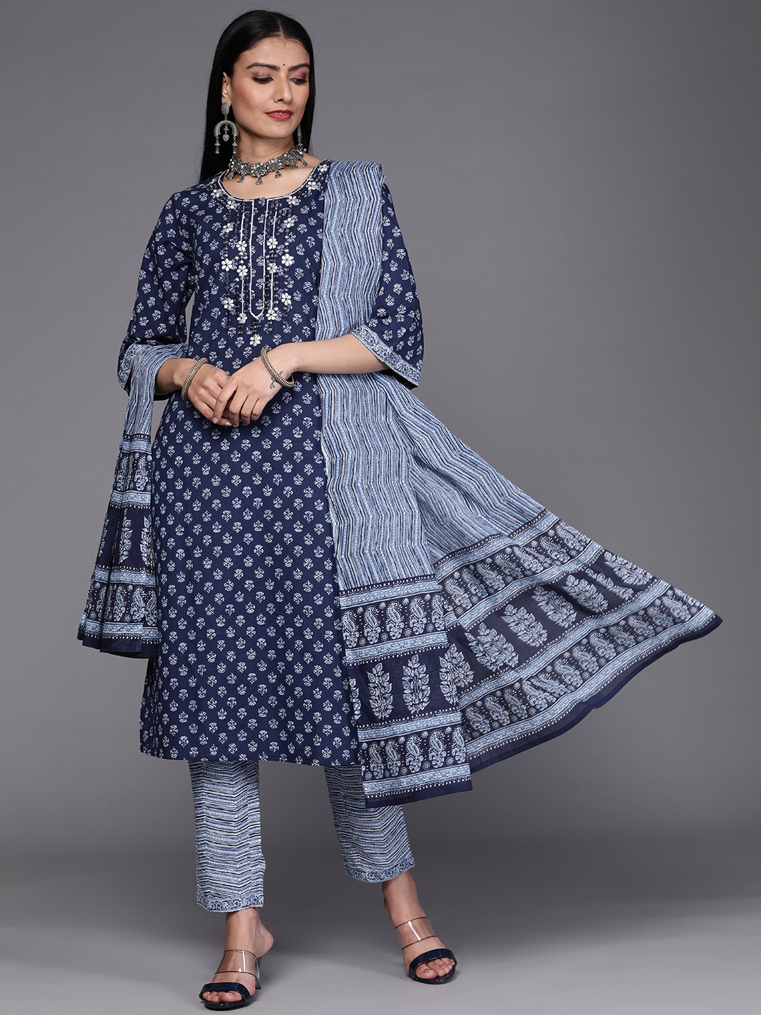 

Libas Women Blue Floral Motifs Printed Mirror Work Cotton Kurta with Trousers & Dupatta