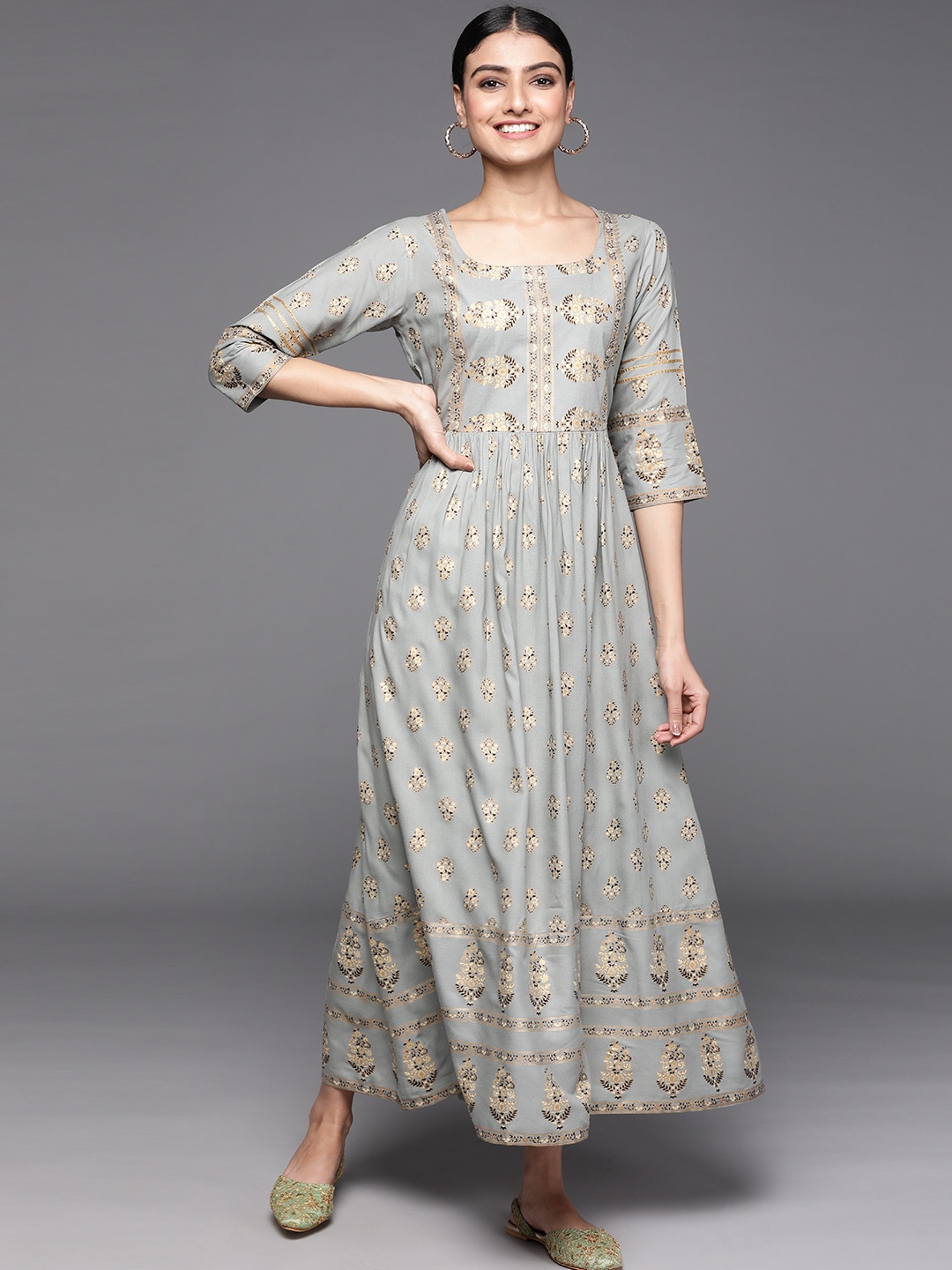 

Libas Women Grey & Golden Ethnic Motifs Printed A-Line Maxi Dress