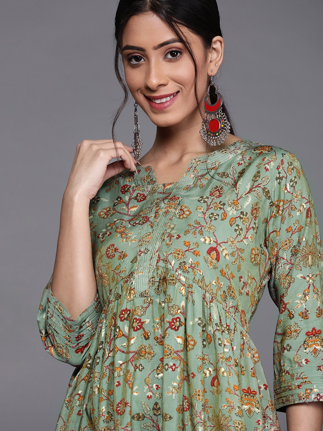 

Libas Green & Mustard Yellow Floral Printed Layered A-Line Midi Dress