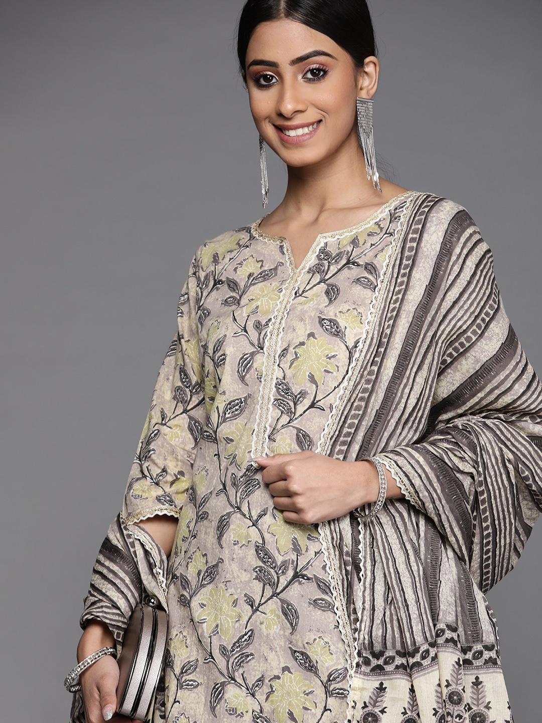 

Libas Women Taupe Floral Printed Pure Cotton Kurta with Salwar & With Dupatta