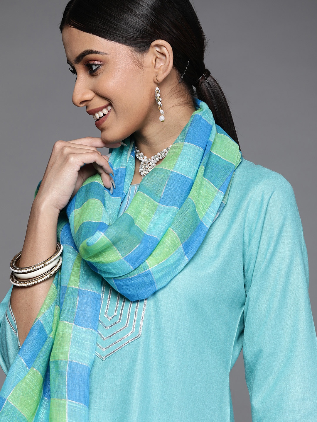 

Libas Women Blue Gotta Patti Pure Cotton Kurta with Palazzos & With Dupatta