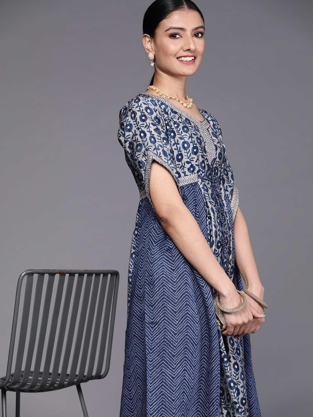 

Libas Navy Blue & Grey Ethnic Printed A-Line Midi Dress