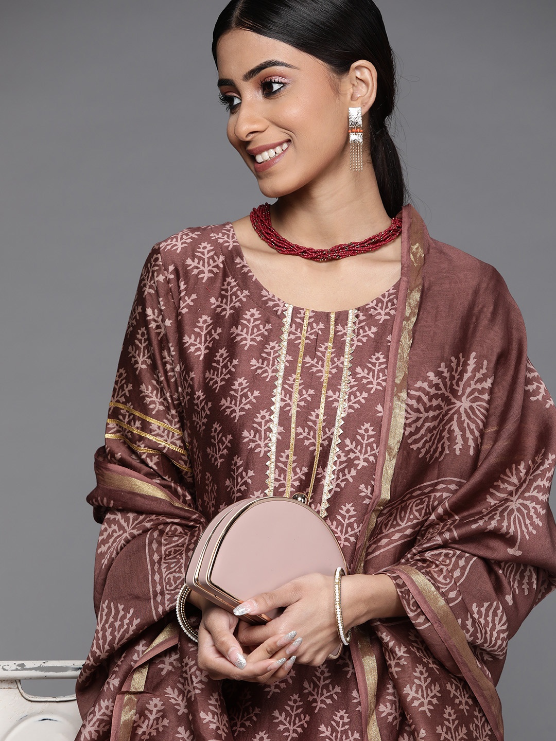 

Libas Women Brown Floral Printed Gotta Patti Chanderi Silk Kurta with Palazzos & With Dupatta