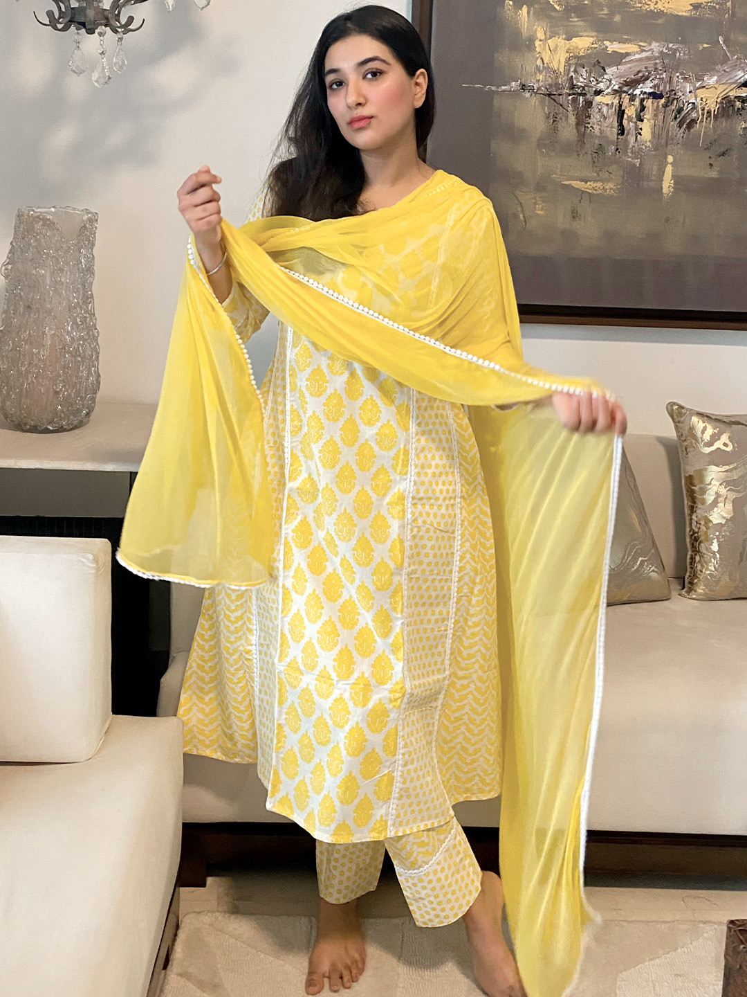 

Libas Women Yellow Paisley Printed Pure Cotton Kurta Set with Dupatta