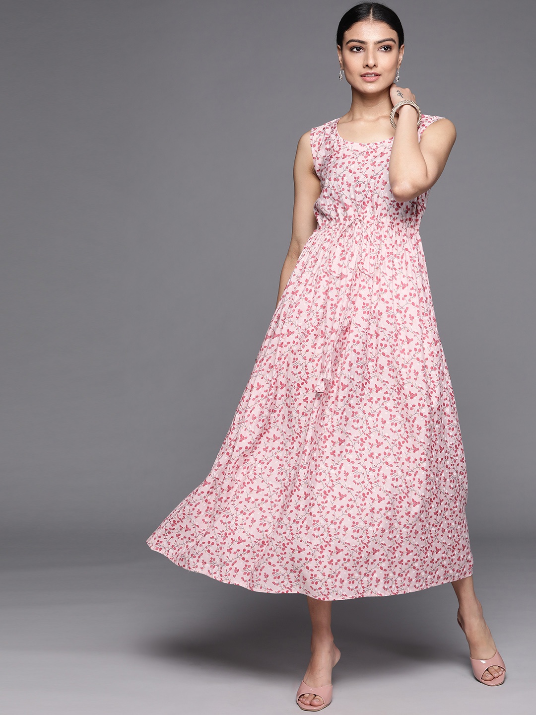 

Libas Pink Floral Chanderi Silk Ethnic Fit & Flare Dress with Tie-Ups