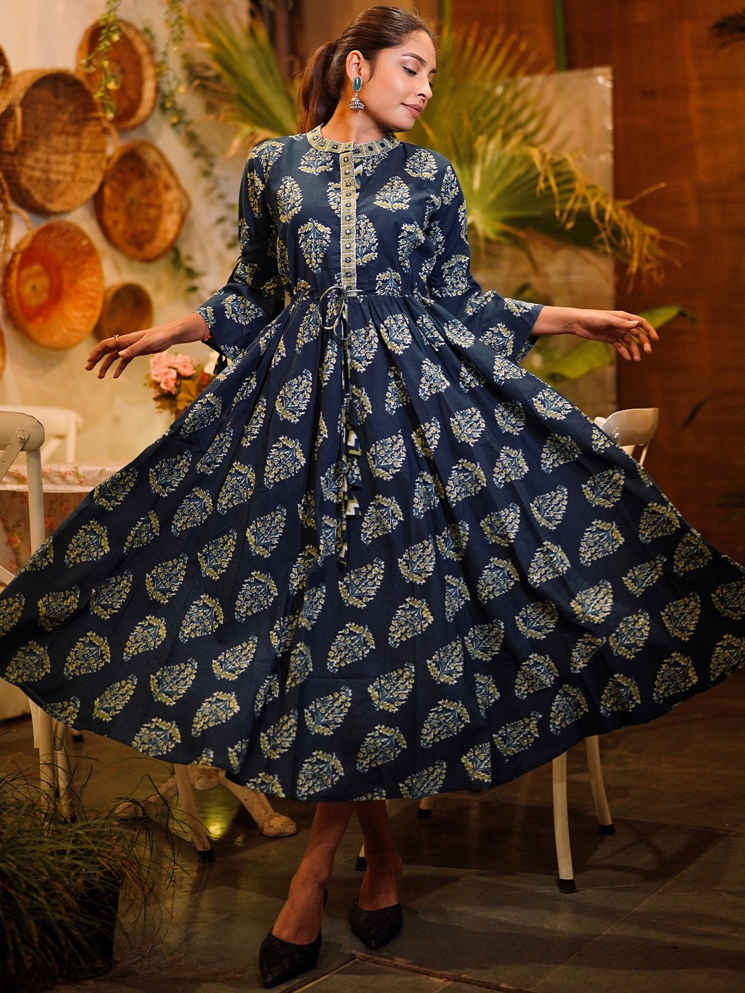 

Libas Teal Green Ethnic Printed Cotton A-Line Midi Dress