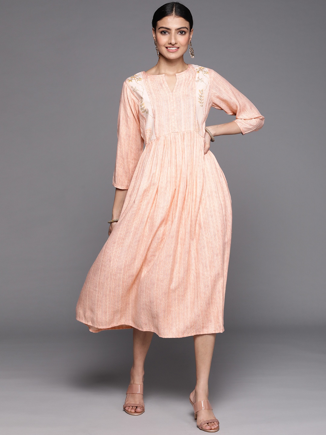 

Libas Women Peach-Coloured & Off White Striped A-Line Midi Dress