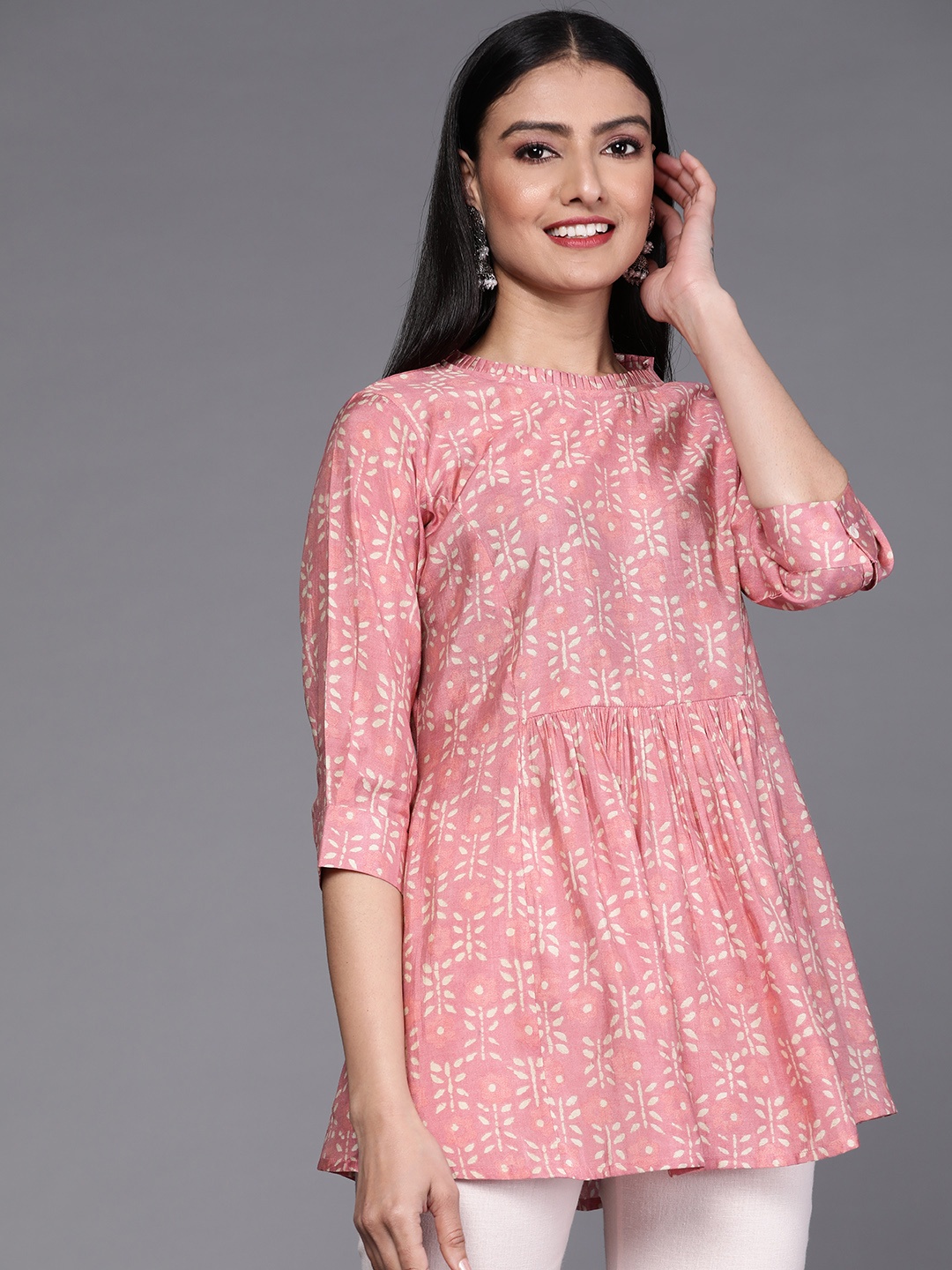 

Libas Pink & Beige Ethnic Printed Pleated Kurti