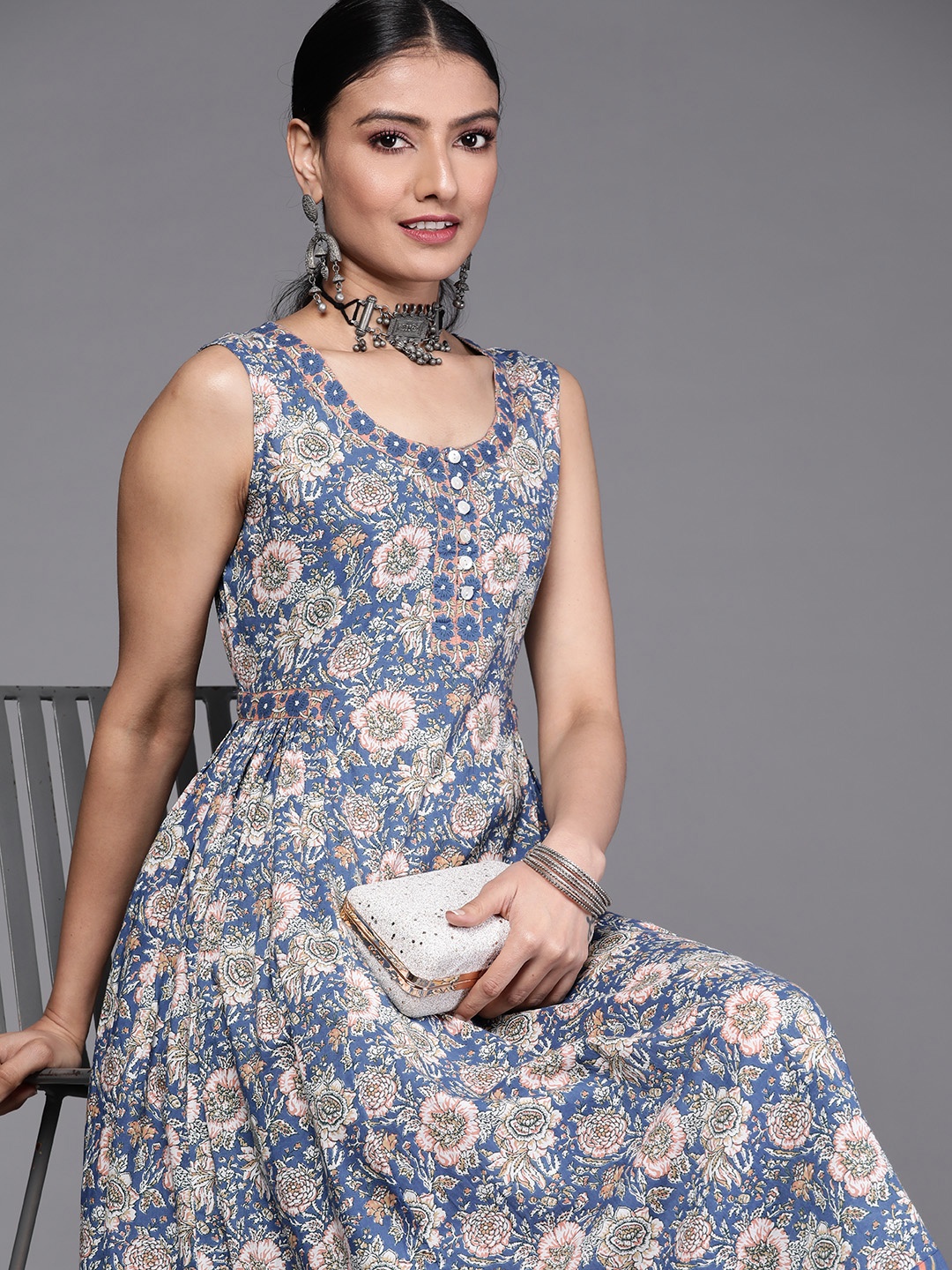 

Libas Blue & Pink Floral Print Cotton Maxi Dress