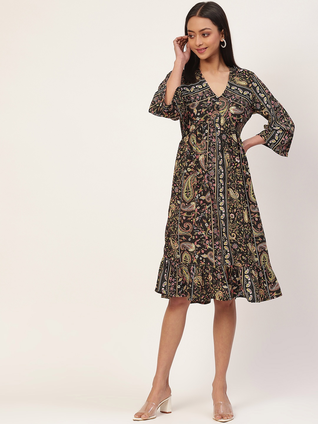 

Rue Collection Multicoloured Ethnic Motifs Crepe A-Line Dress, Multi