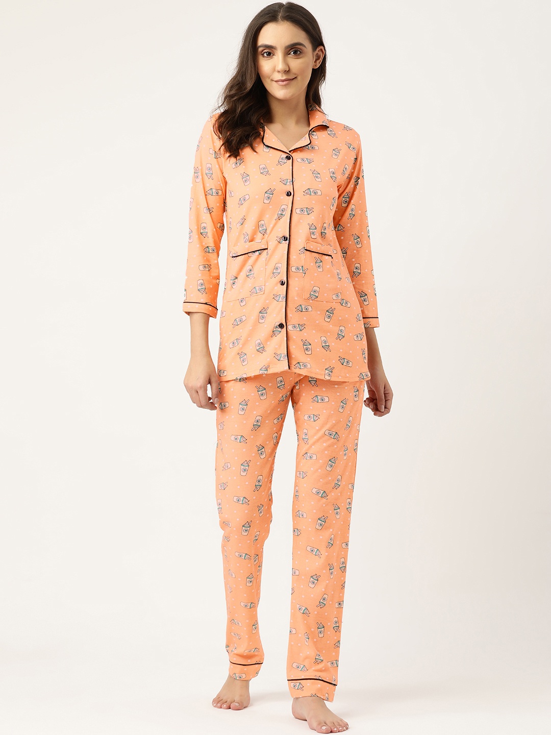 

MBeautiful Women Peach-Coloured Printed Cotton Night suit