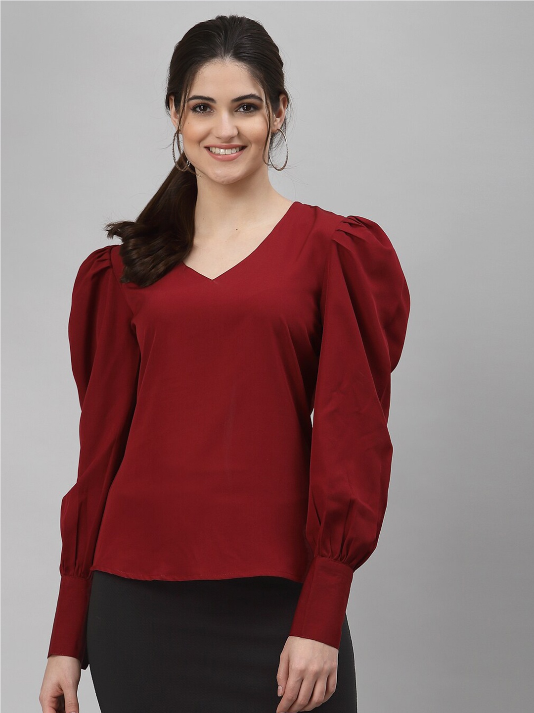 

NEUDIS Maroon Solid Puff Sleeve Crepe Top