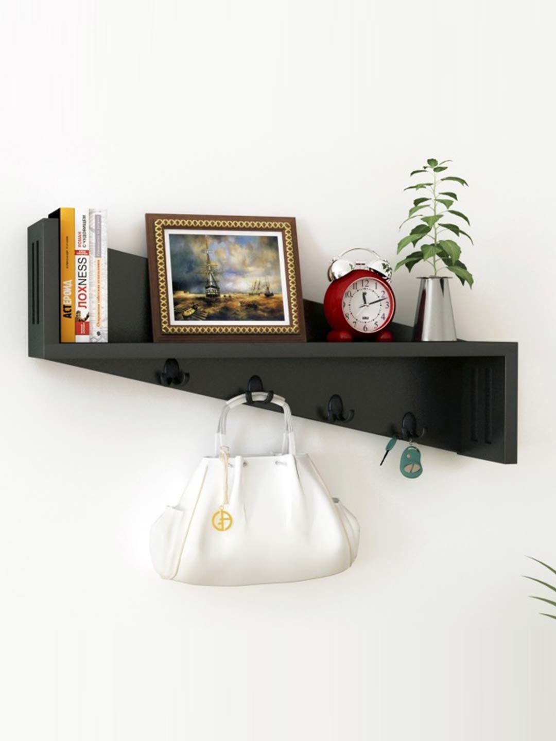 

Home Sparkle Black Mango Wood Wall Shelf with Key Holders