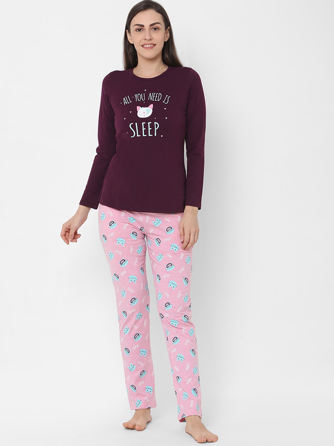 

Sweet Dreams Women Maroon & Pink Printed Night Suits