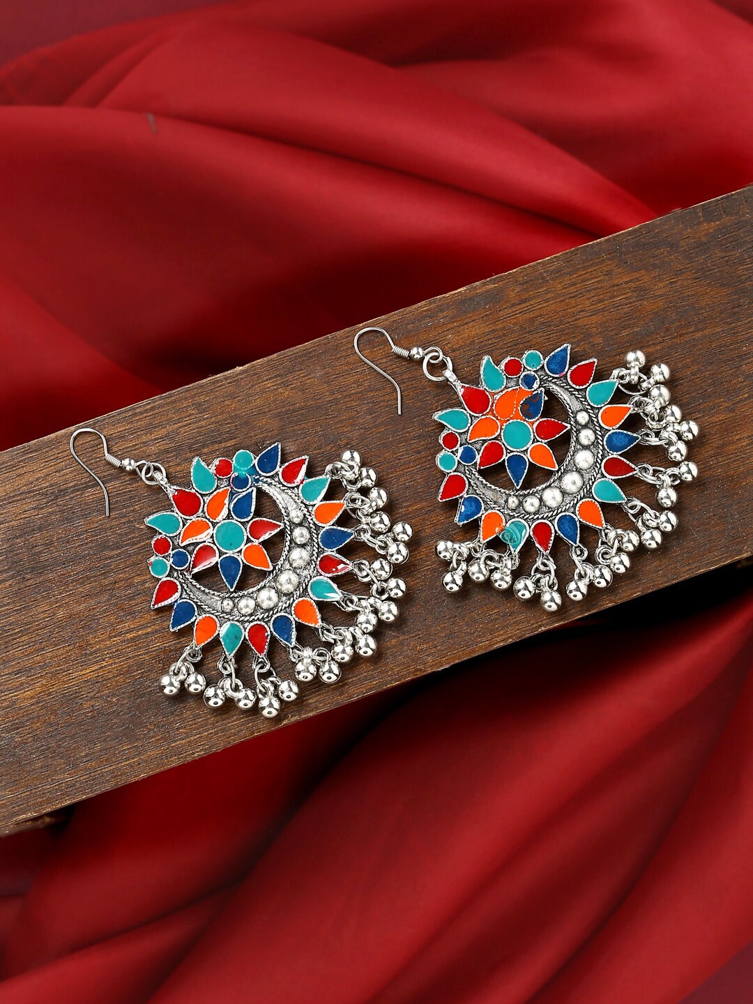 

VIRAASI Silver-Toned & Multicoloured Contemporary Chandbalis Earrings