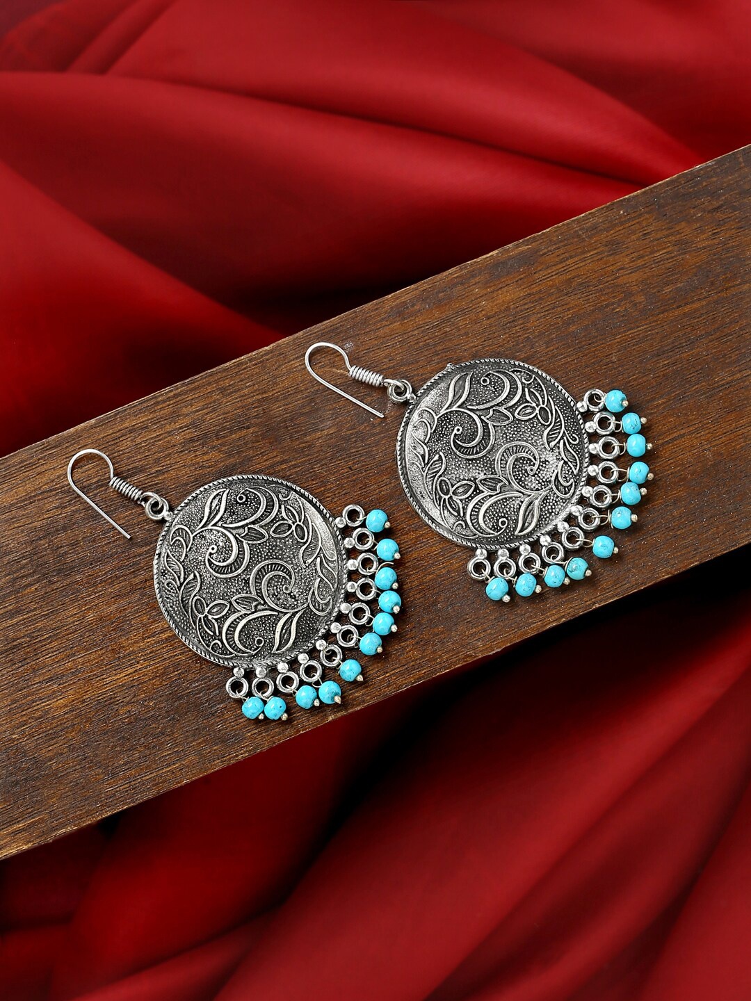 

VIRAASI Silver-Toned & Turquoise Blue Contemporary Drop Earrings