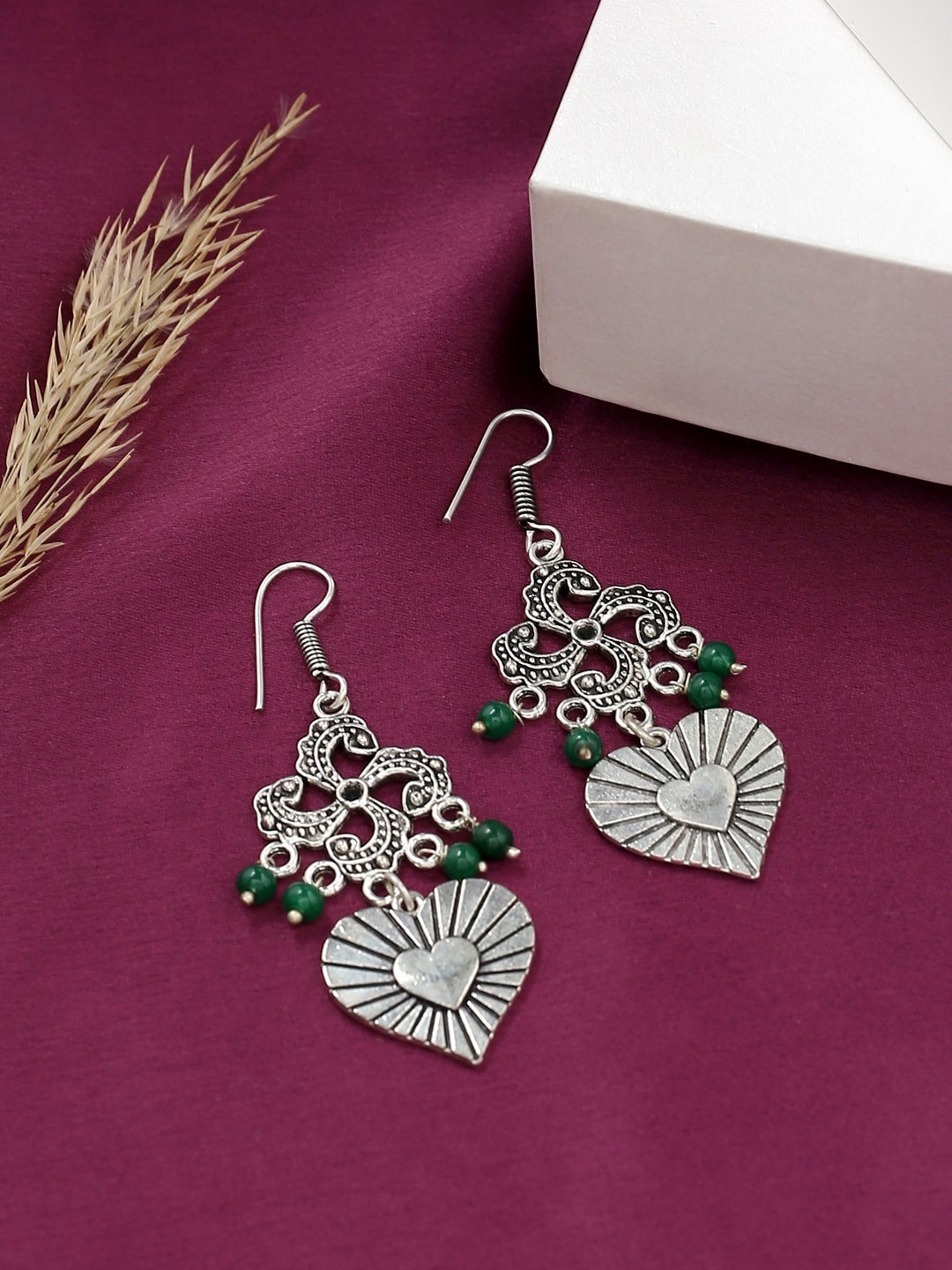 

VIRAASI Silver-Toned Oxidised Contemporary Drop Earrings
