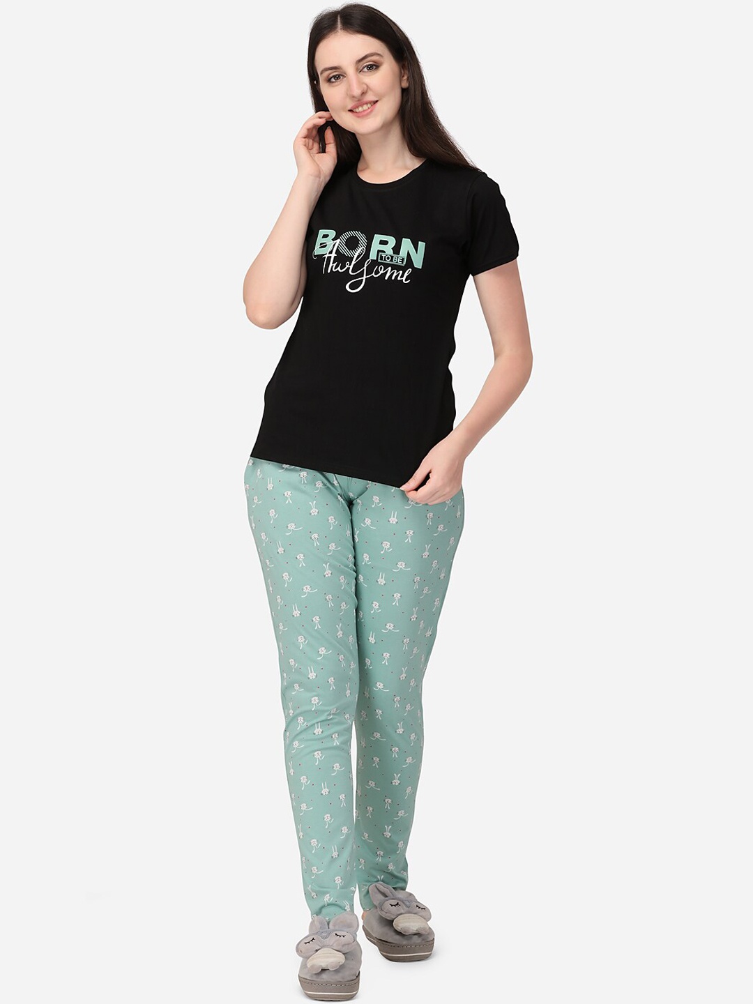

Lenissa Women Black & Sea Green Printed Pure Cotton Night suit