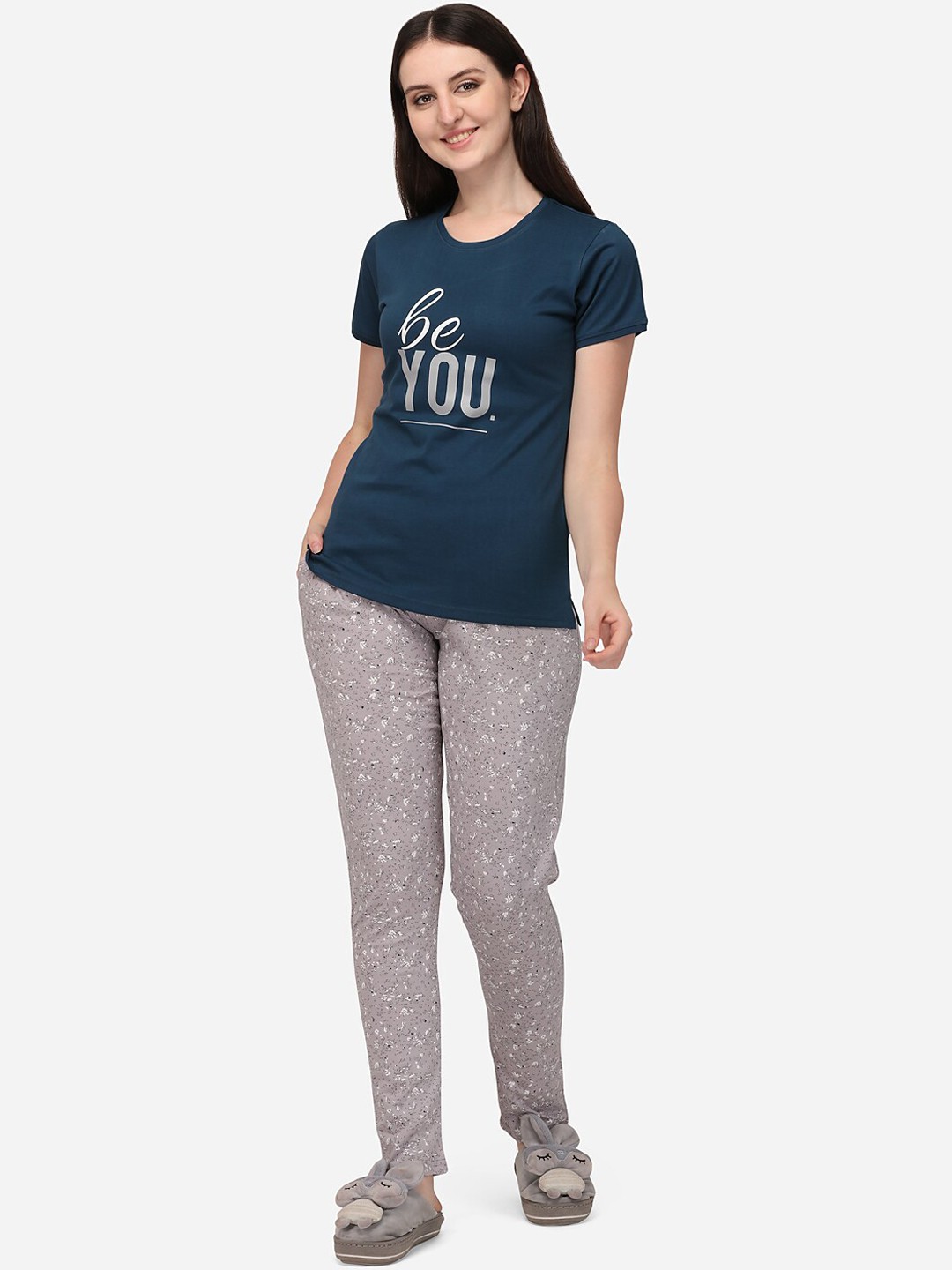 

Lenissa Women Blue & Grey Printed Pure Cotton Night Suit