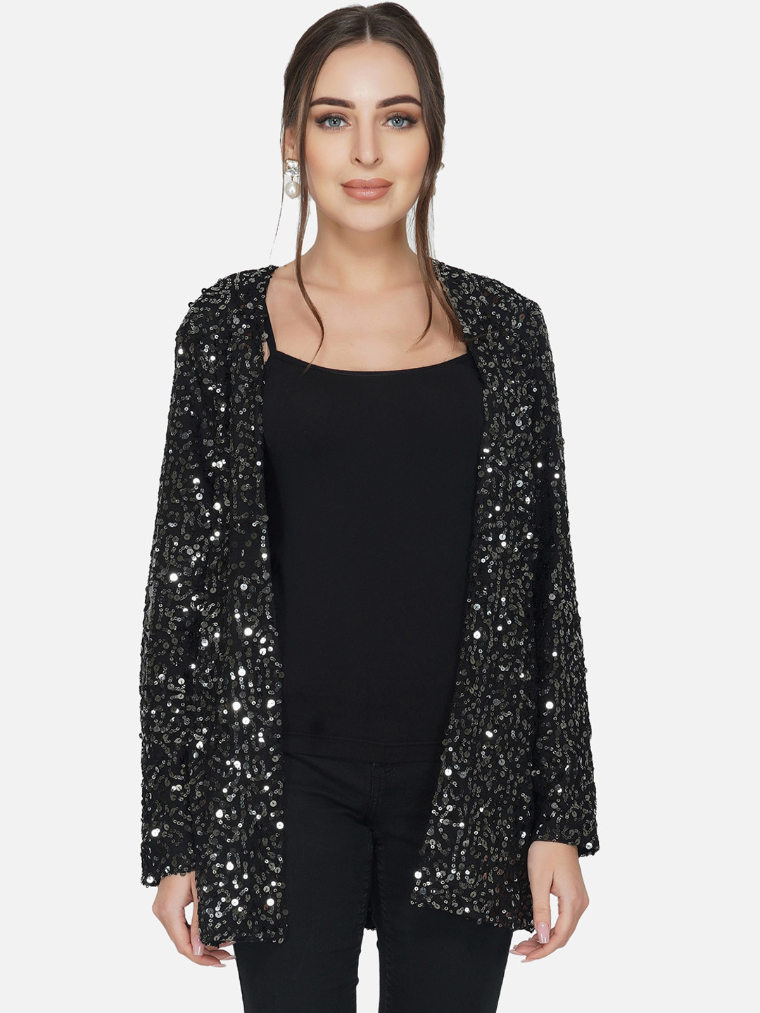 

ATTIC SALT Women Black & Silver-Toned Lightweight Longline Sequin Open Front Jacket