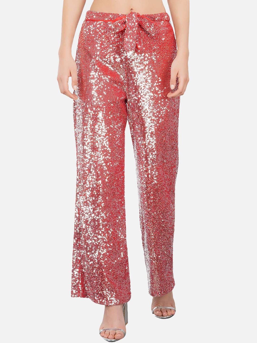 

ATTIC SALT Women Red & Silver-Toned Embellished Sequined Comfort Trousers
