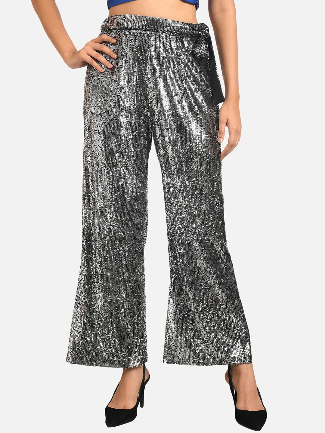 

ATTIC SALT Women Black Textured Sequin Embellished Comfort Trousers
