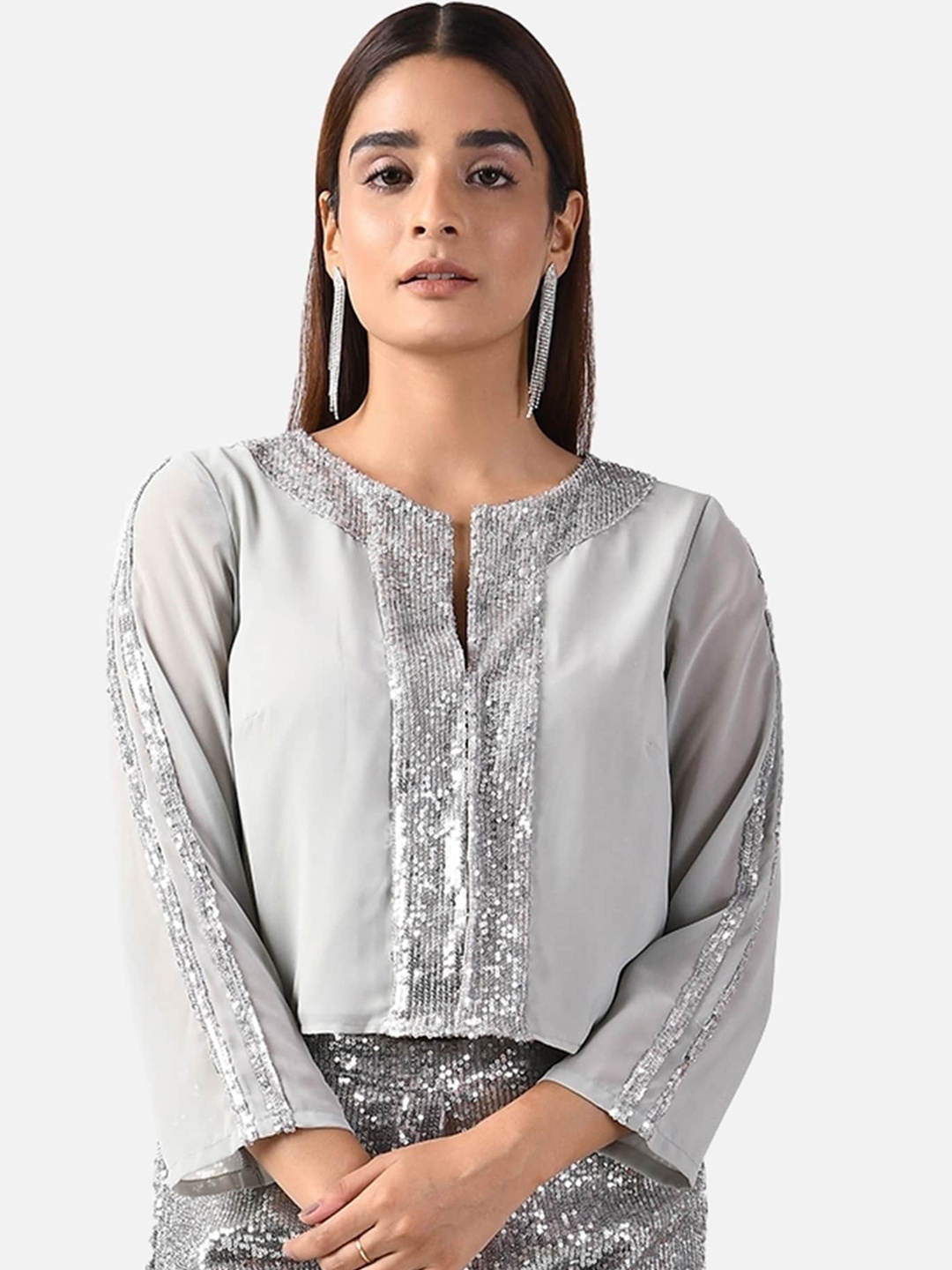 

ATTIC SALT Women Grey Embellished Lightweight Crop Tailored Jacket