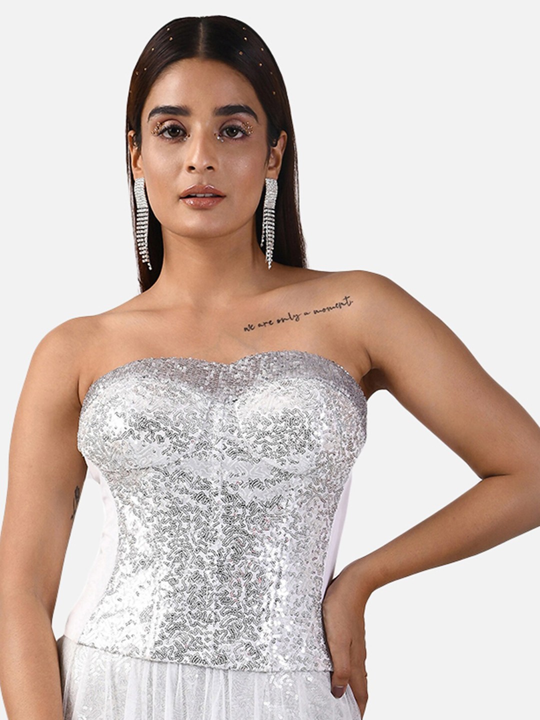 

ATTIC SALT White Embellished Satin Tube Crop Top