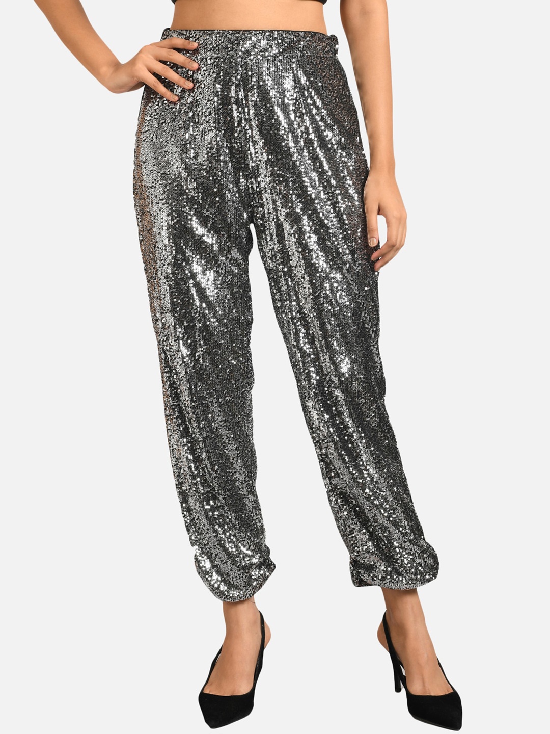 

ATTIC SALT Women Black Textured Embellished Comfort Trousers
