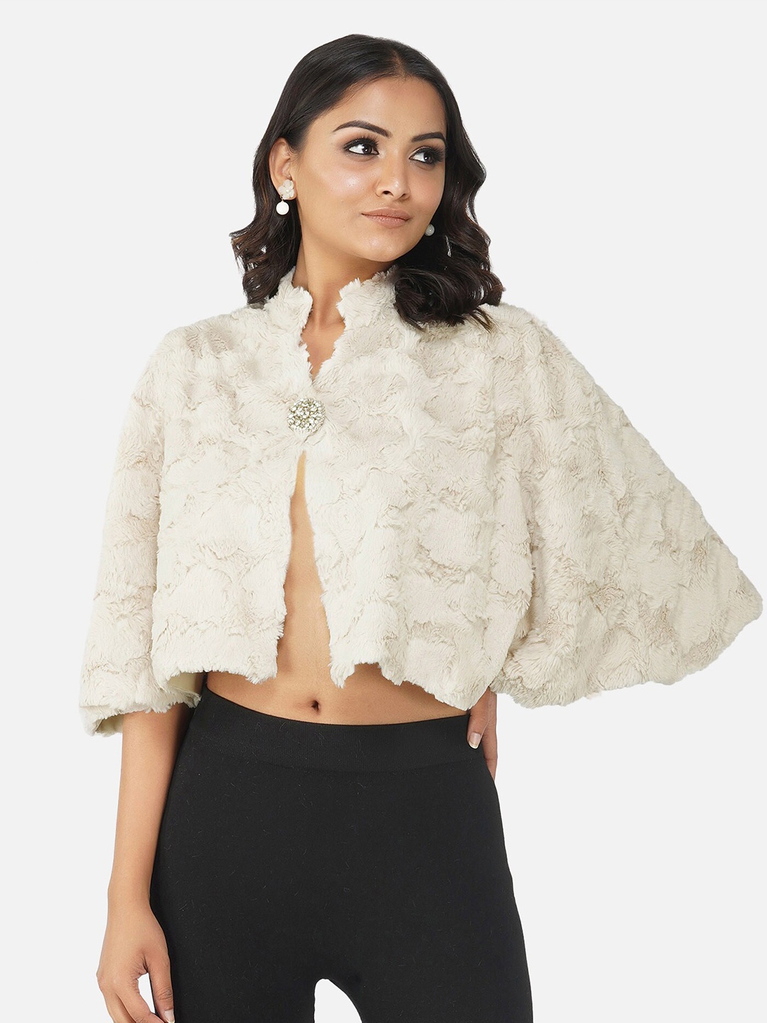 

ATTIC SALT Women Off-White Crop Cape Jacket