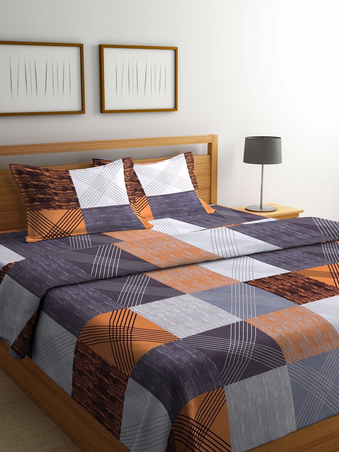 

Arrabi Grey Geometric Printed Printed Double Bedding Set