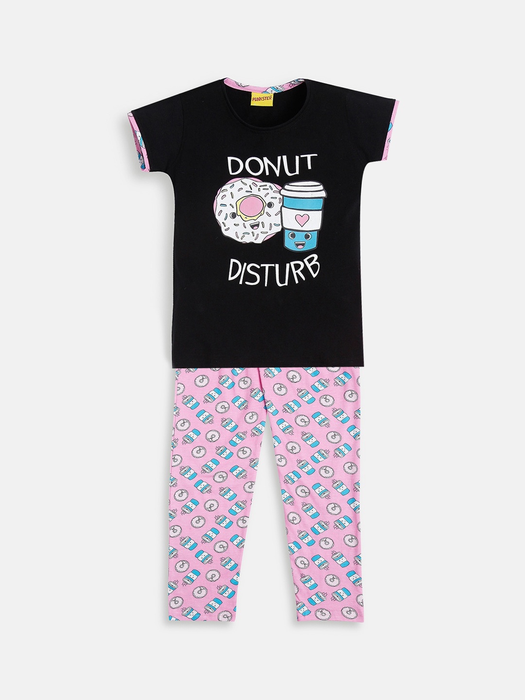 

Punkster Girls Black Printed Pure Cotton Night Suits