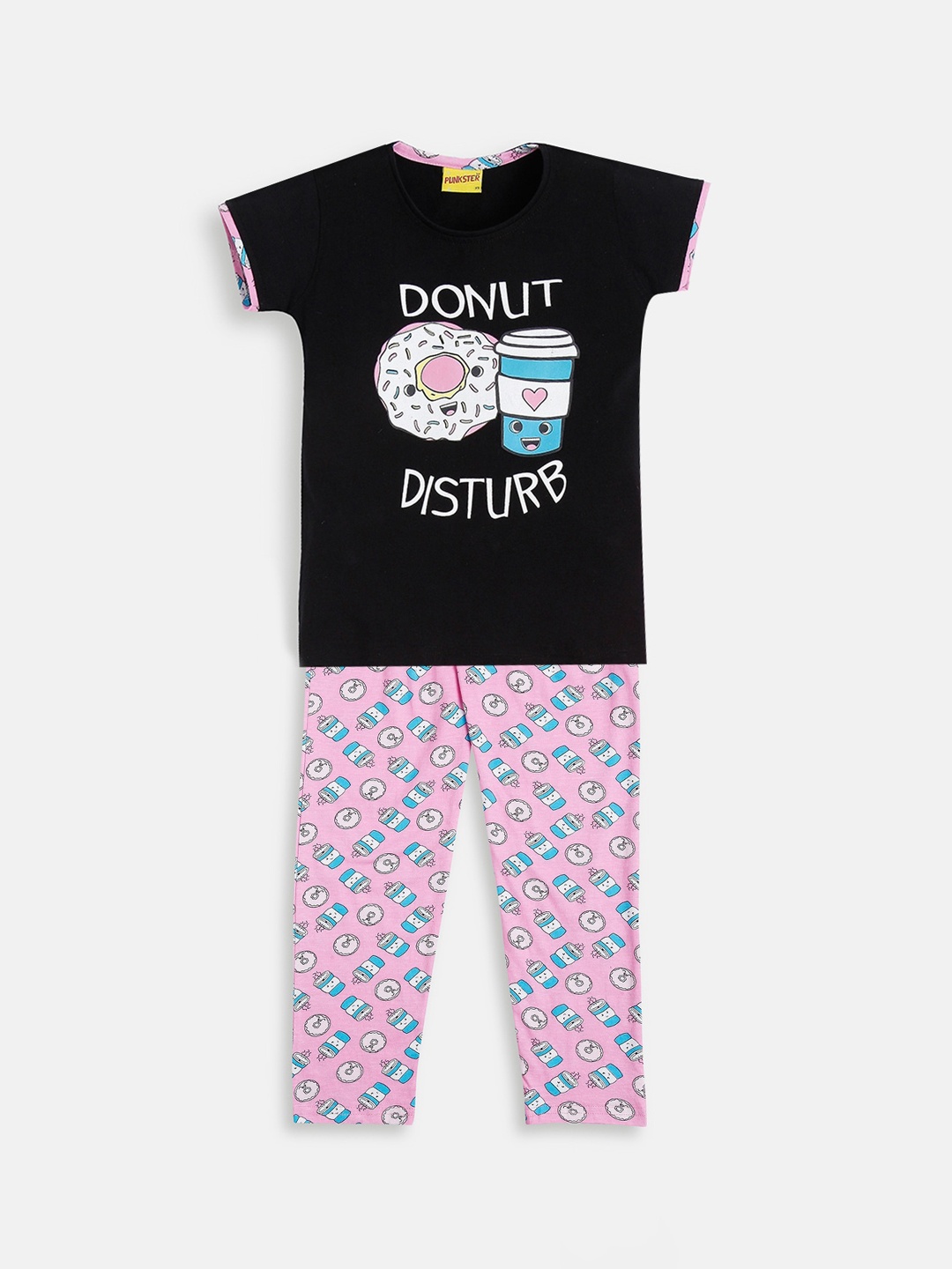 

Punkster Girls Black & Pink Printed Pure Cotton Night suit