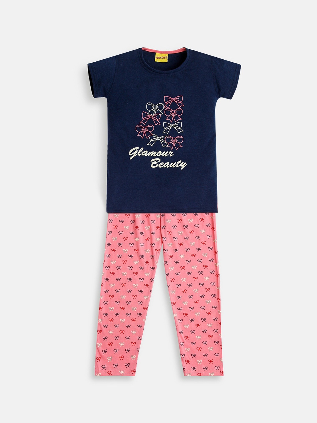 

Punkster Girls Blue & Pink Printed Pure Cotton Night Suit