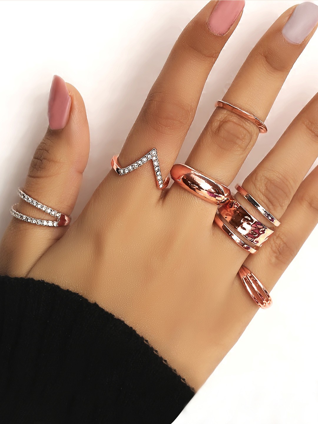 

Lilly & sparkle Set Of 6 Rose Gold-Plated & White Stone Studded Finger Rings