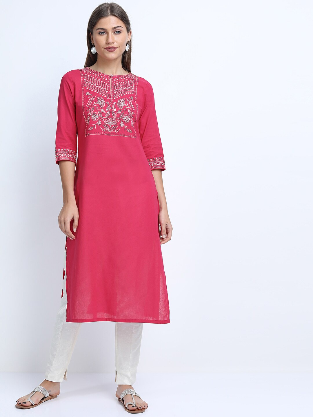 

Vishudh Women Pink Floral Embroidered Keyhole Neck Thread Work Kurta