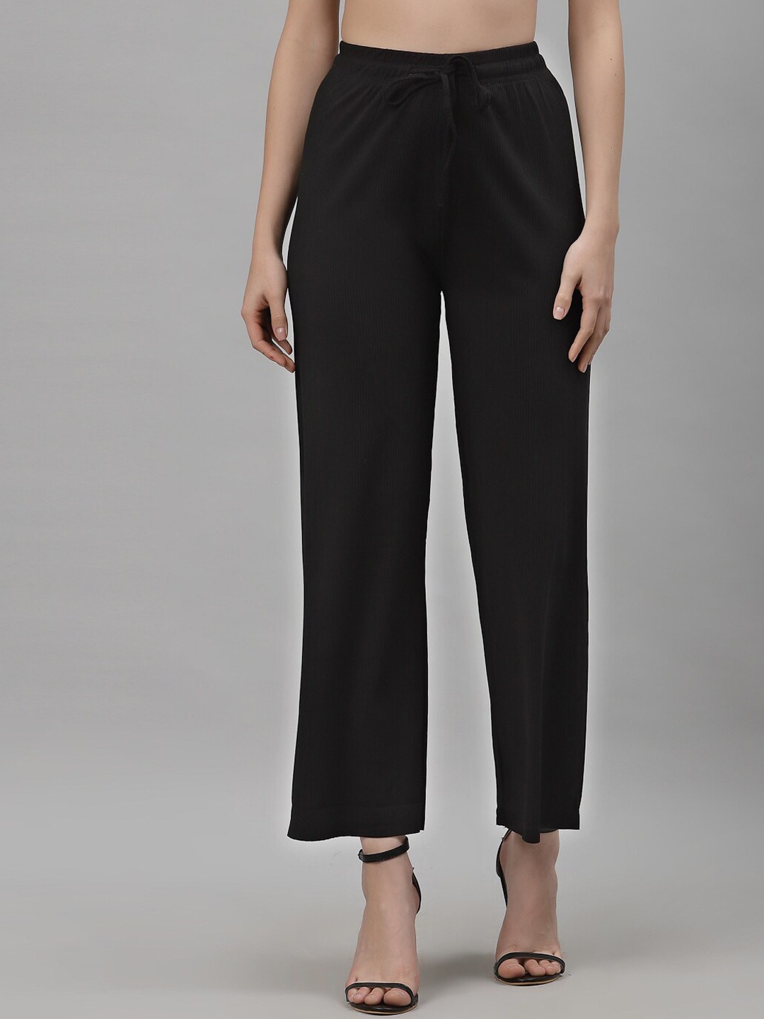 

NEUDIS Women Black Ribbed Comfort Straight Fit Parallel Trousers