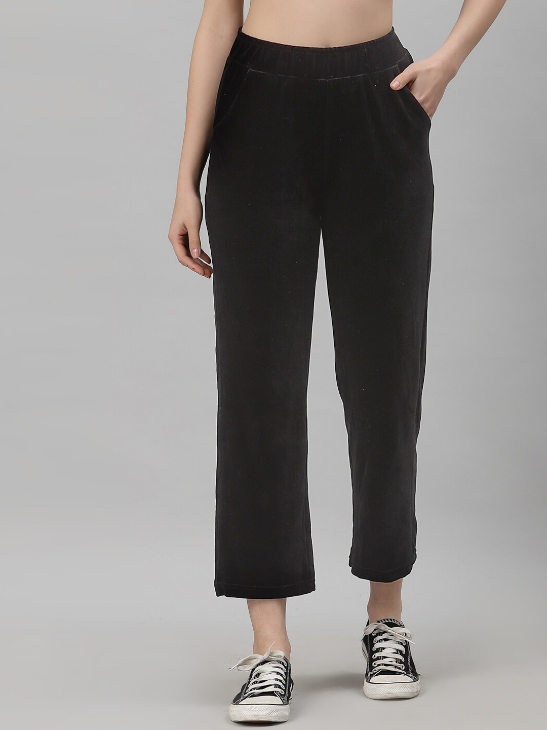

NEUDIS Women Black Solid Velvet Finish Track Pant