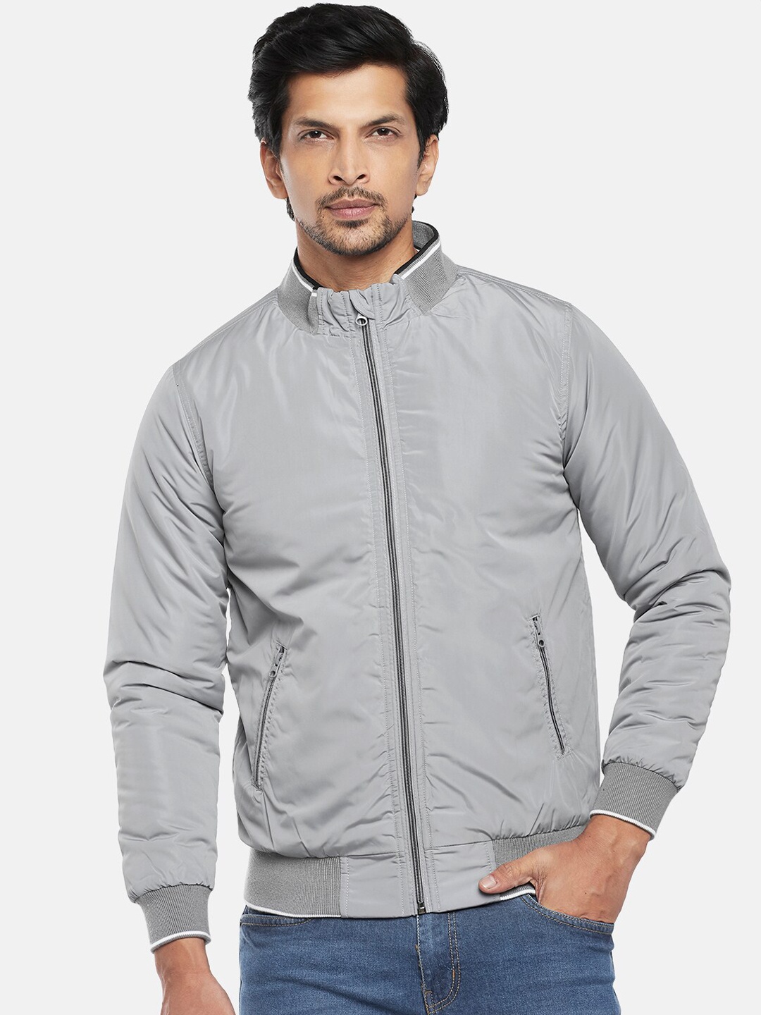 

People Men Grey Solid Bomber Jacket