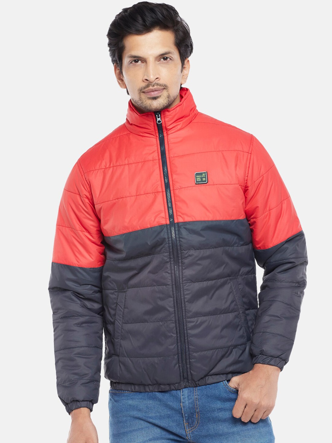 

People Men Red & Navy Blue Colourblocked Padded Jacket