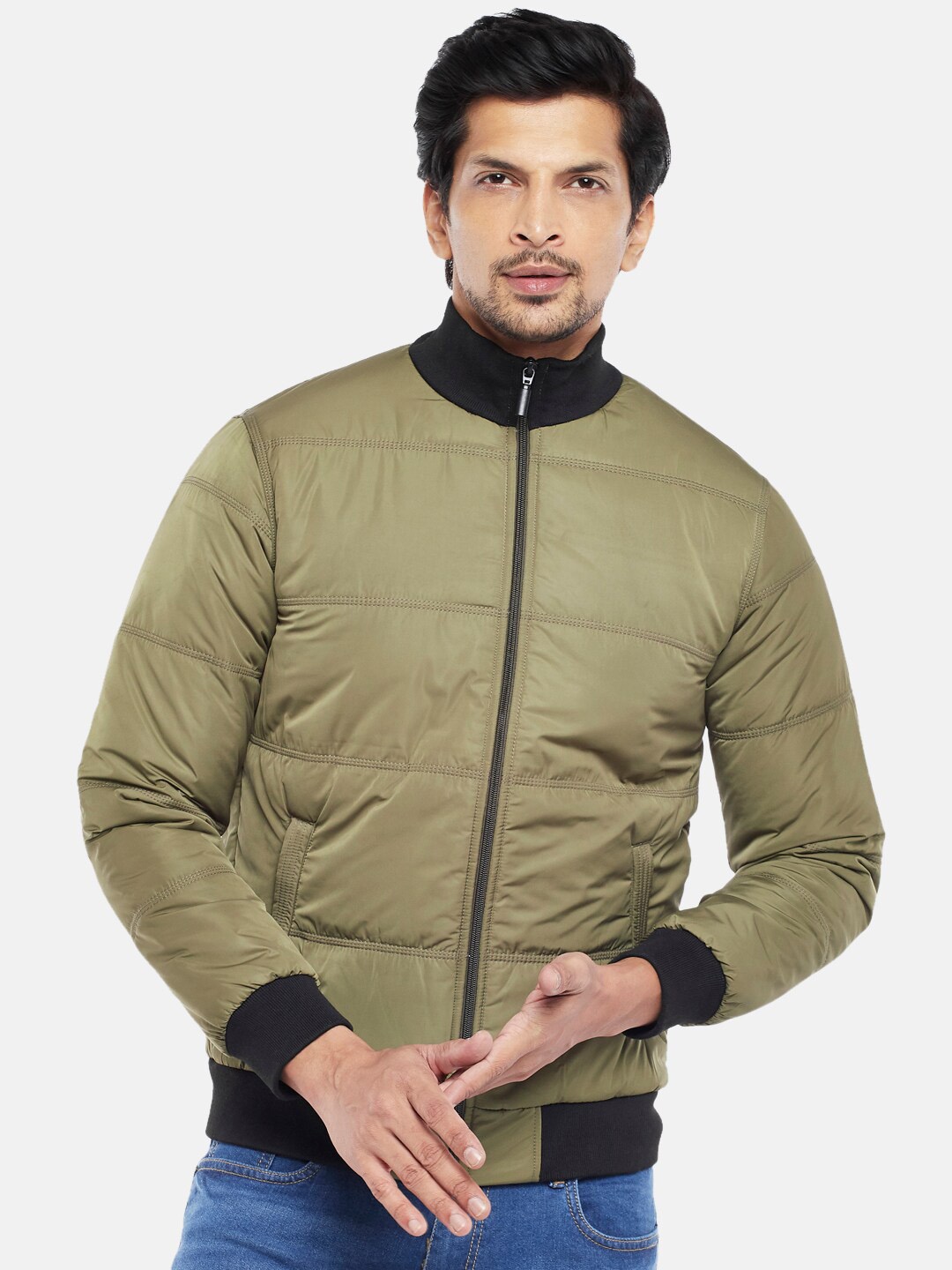 

People Men Olive Green Solid Padded Jacket