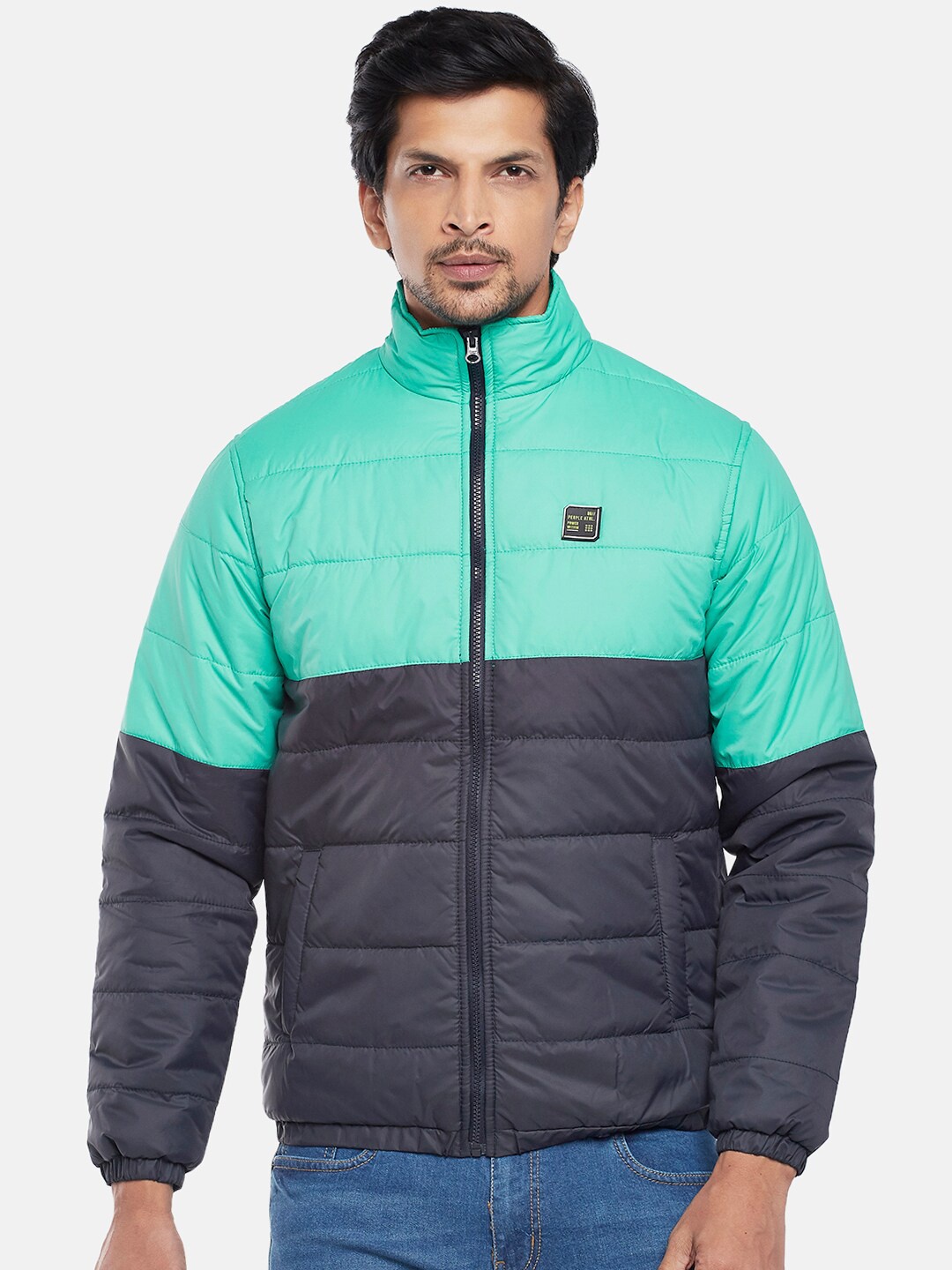 

People Men Green & Black Colourblocked Puffer Jacket