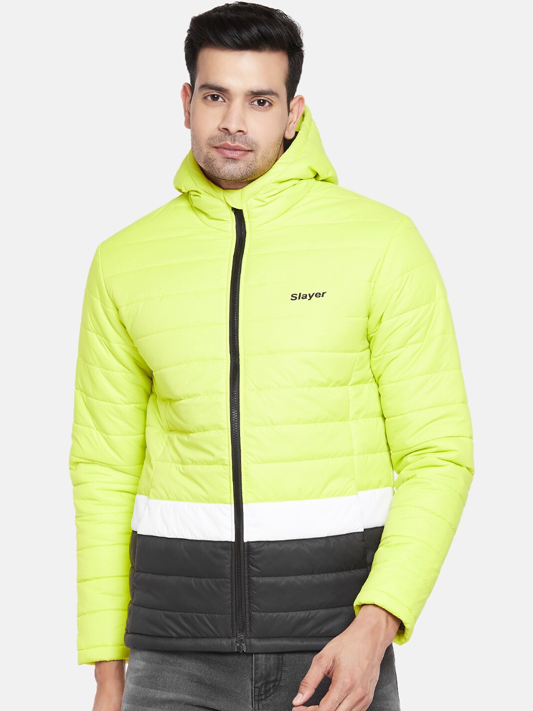 

People Men Lime Green & Black Colourblocked Hooded Padded Jacket