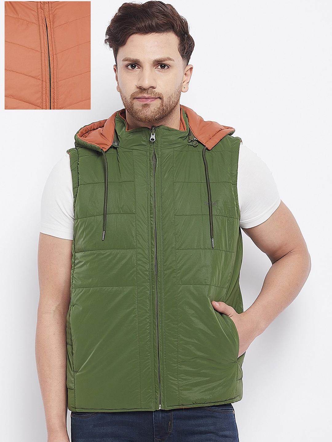 

Duke Men Green & Orange Reversible Quilted Hooded Jacket