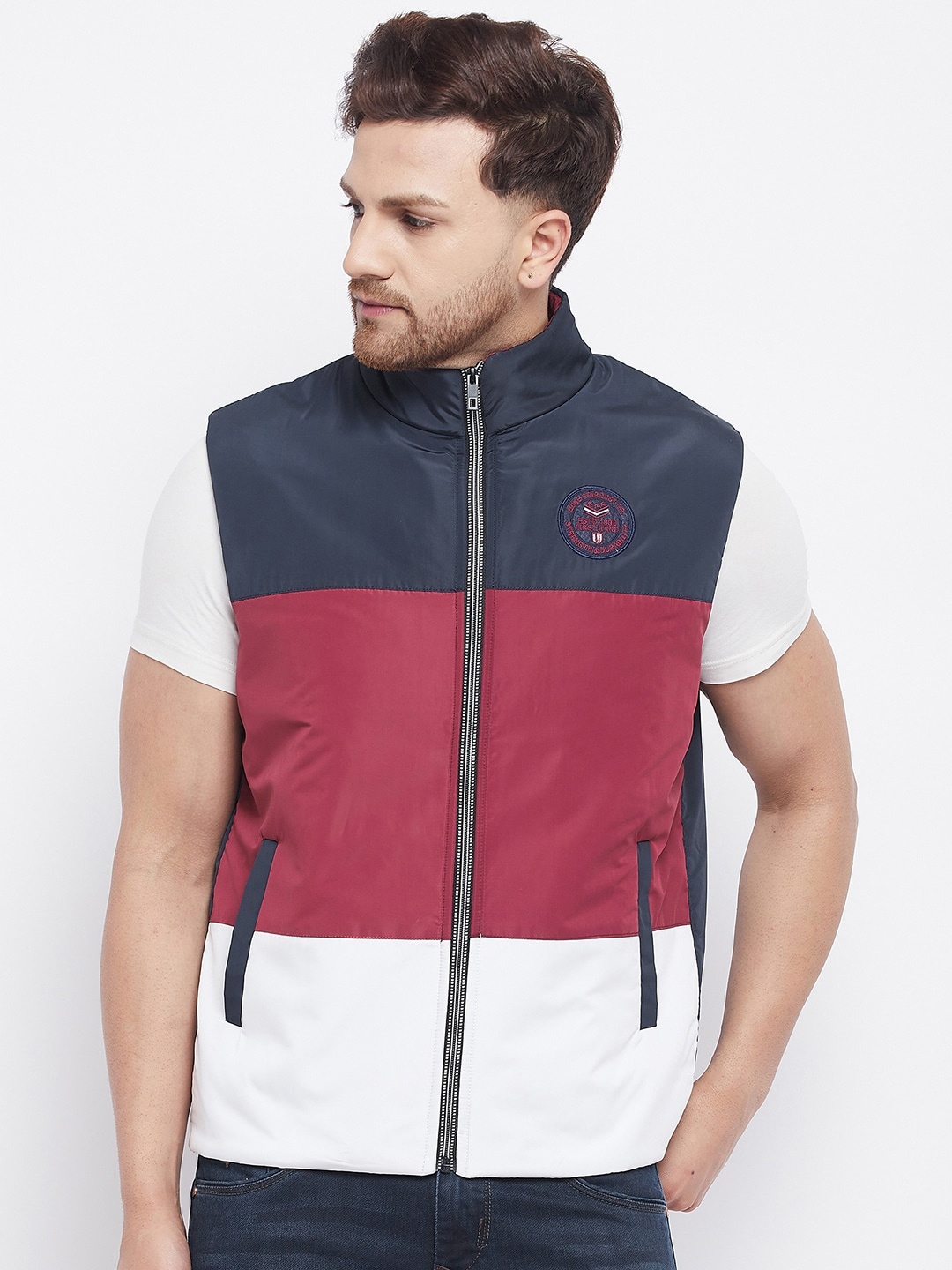 

Duke Men Blue & Maroon Colourblocked Padded Jacket
