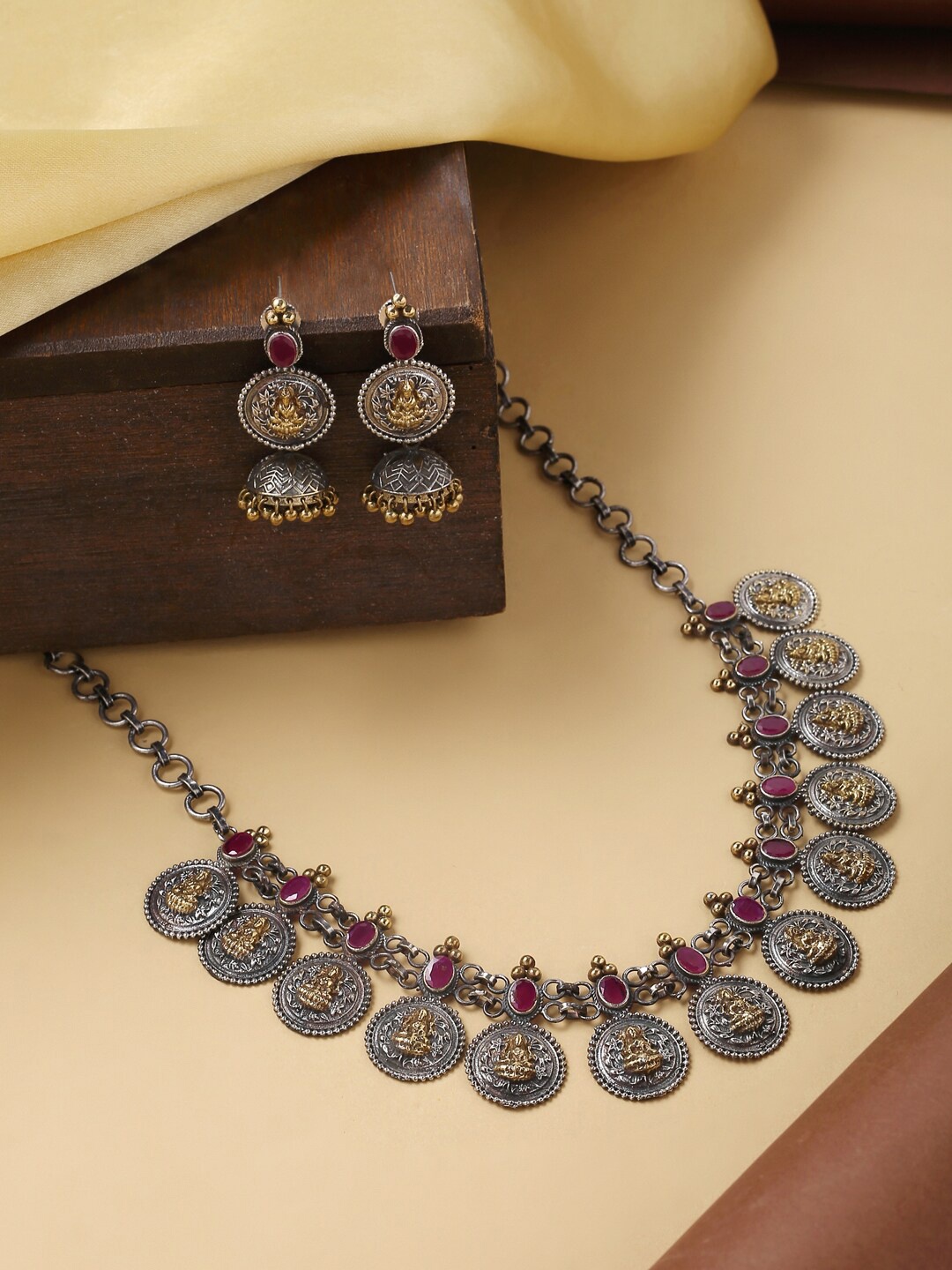

VIRAASI Pink & Gold-Toned Silver Plated Temple Jewellery Set