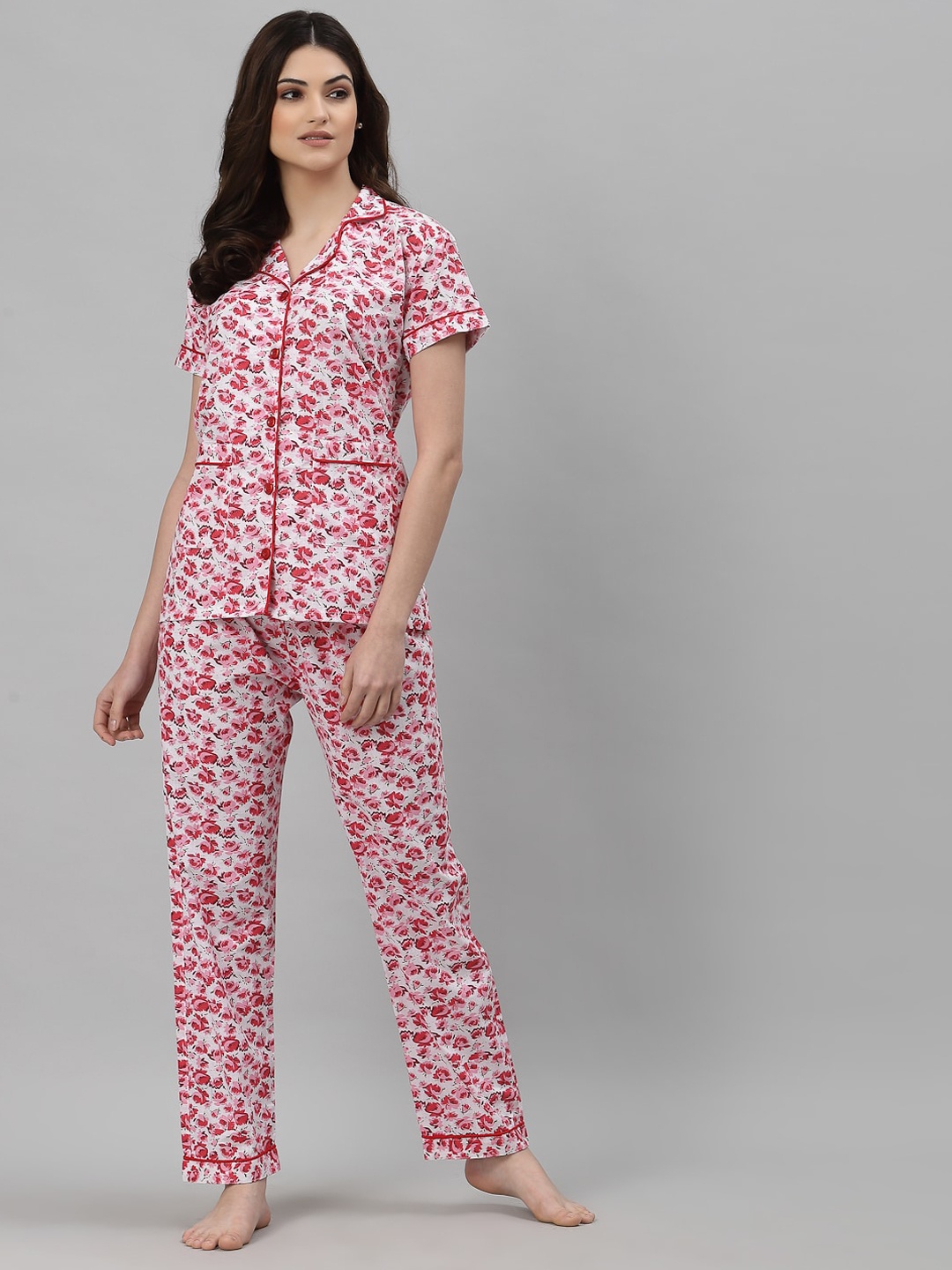 

NEUDIS Women Pink Floral Printed Pure Cotton Night Suits