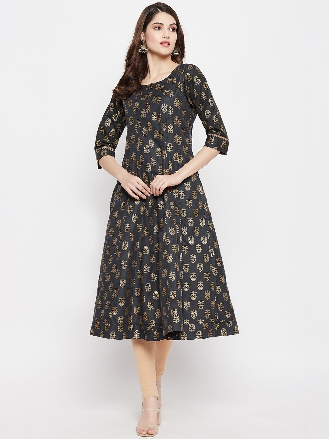 

One of a Kind Women Grey Ethnic Motifs Printed Pure Cotton Anarkali Kurti