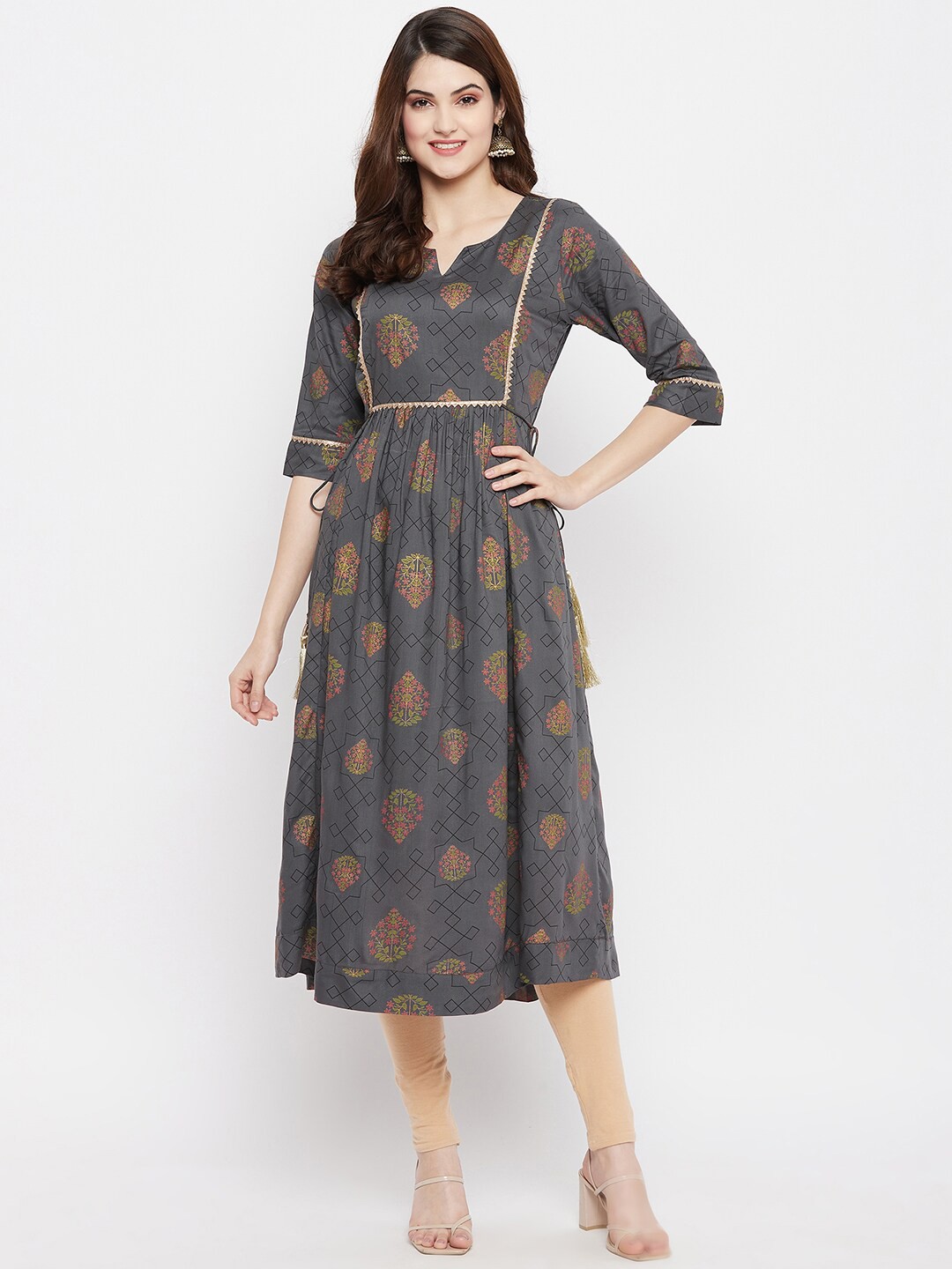 

One of a Kind Grey Floral Printed Gotta Patti Gotta Patti Anarkali Kurti