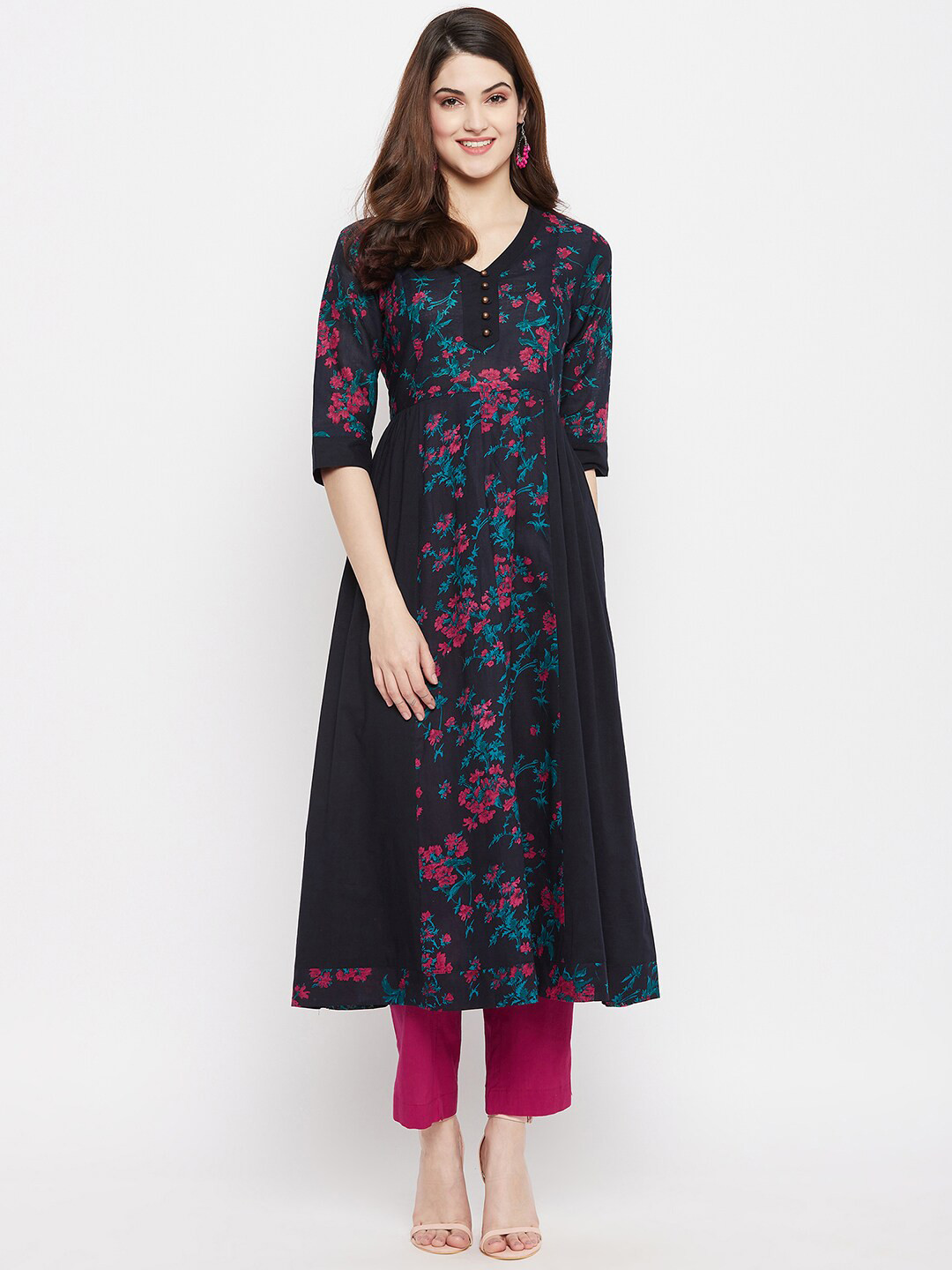 

One of a Kind Navy Blue & Pink Floral Printed V-Neck Pure Cotton Panelled Anarkali Kurti